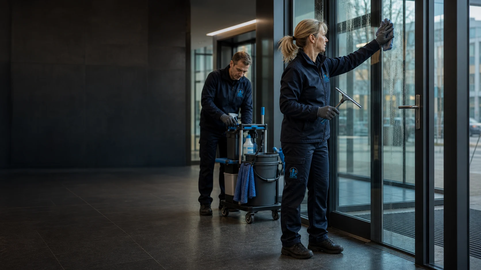 IBC Team bei der morgendlichen Gebäudereinigung in einem Unternehmensgebäude