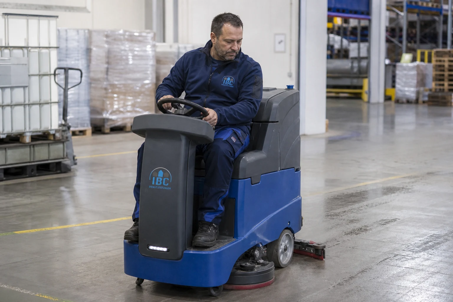 IBC Mitarbeiter bei der maschinellen Reinigung einer Gewerbehalle