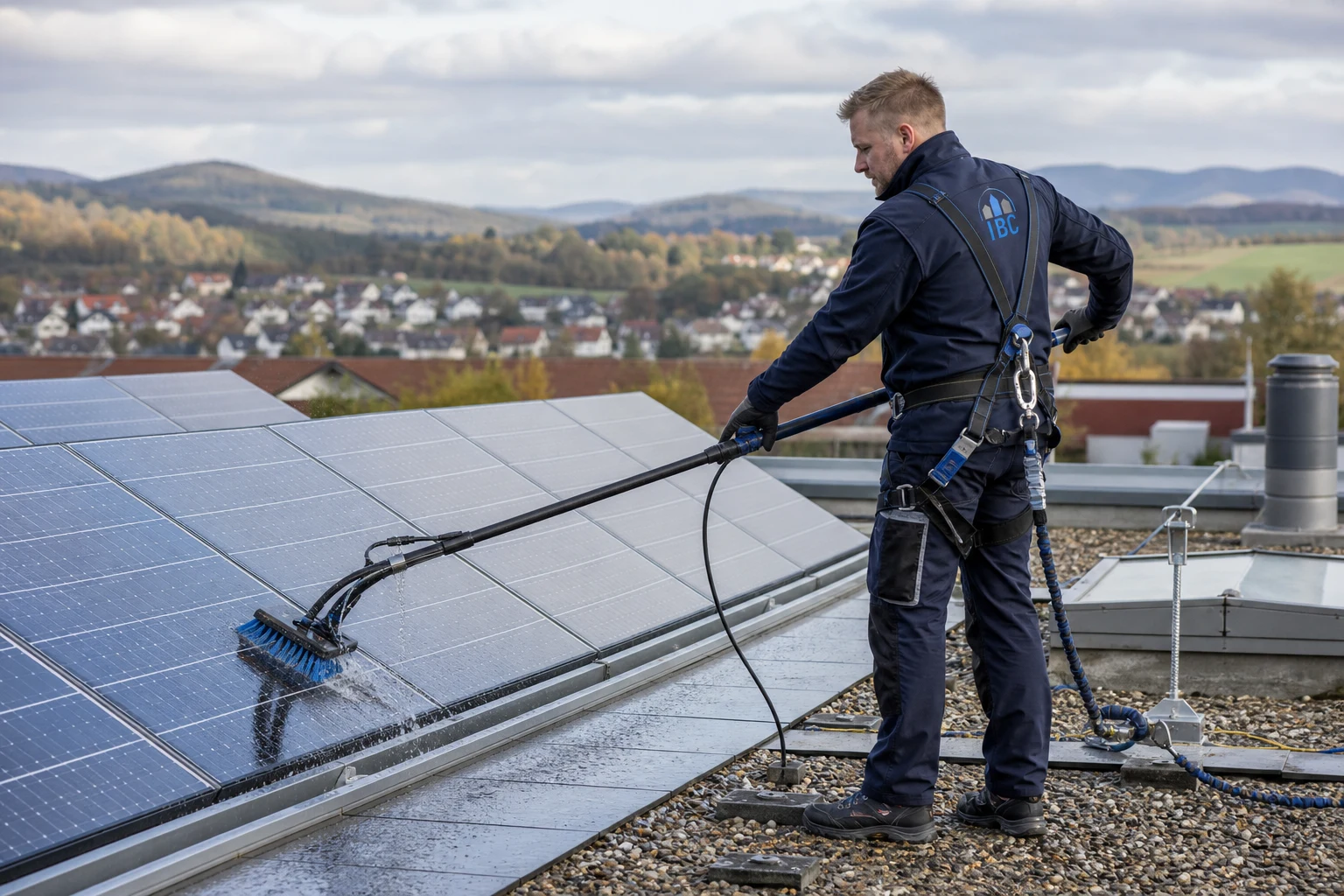 IBC Mitarbeiter bei der schonenden Reinigung einer Photovoltaikanlage