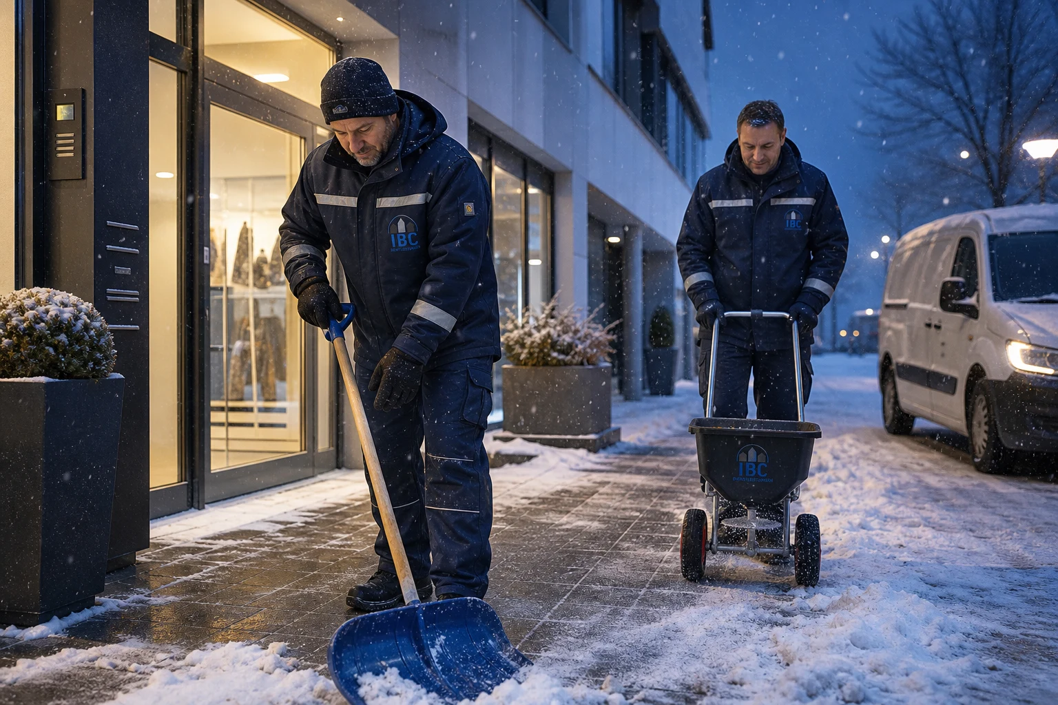 IBC Mitarbeiter beim Räumen und Streuen eines gewerblichen Zugangs